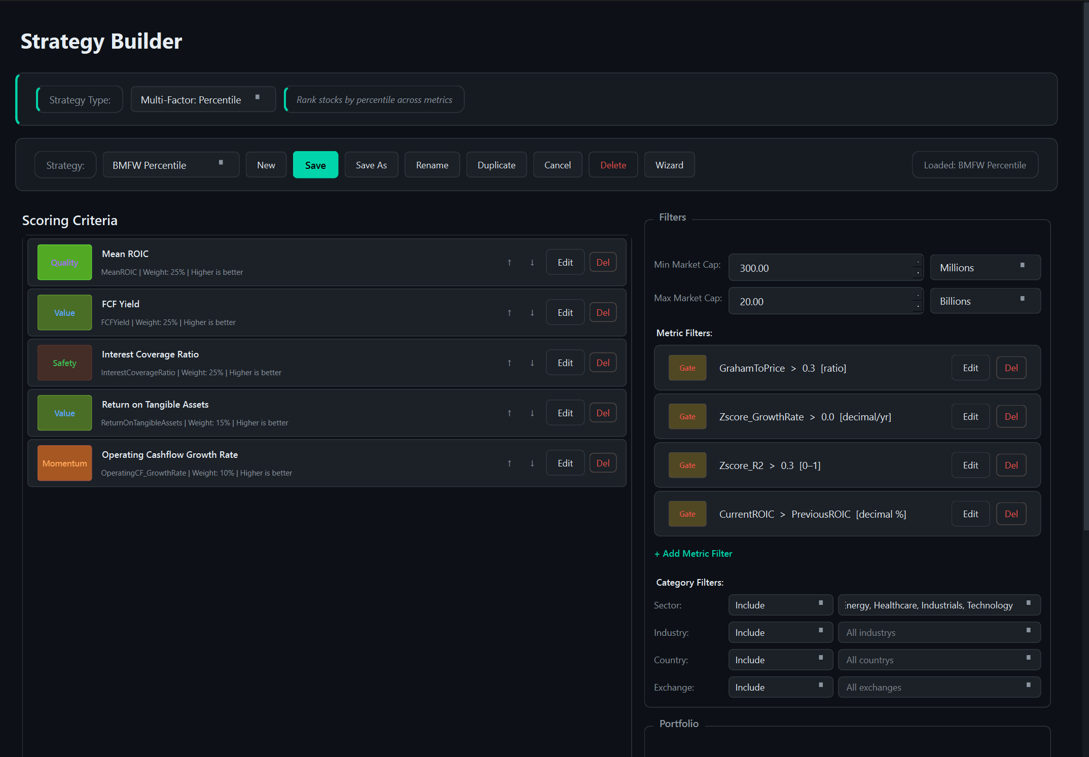 Strategy builder showing factor cards and filter rules